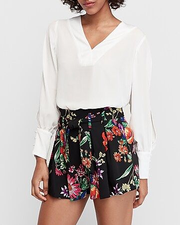 High Waisted Floral Sash Tie Pleated Shorts | Express
