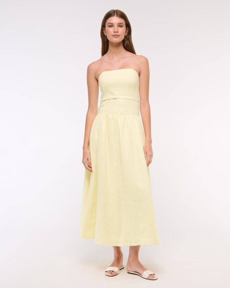 Women's Premium Linen Drop-Waist Belted Midi Dress | Women's New Arrivals | Abercrombie.com | Abercrombie & Fitch (US)