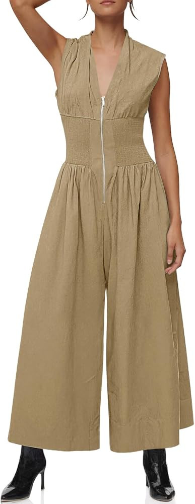 Cicy Bell Womens V Neck Casual Dressy Jumpsuits Smocked Zip Up Sleeveless Wide Leg Jumpsuit Summe... | Amazon (US)