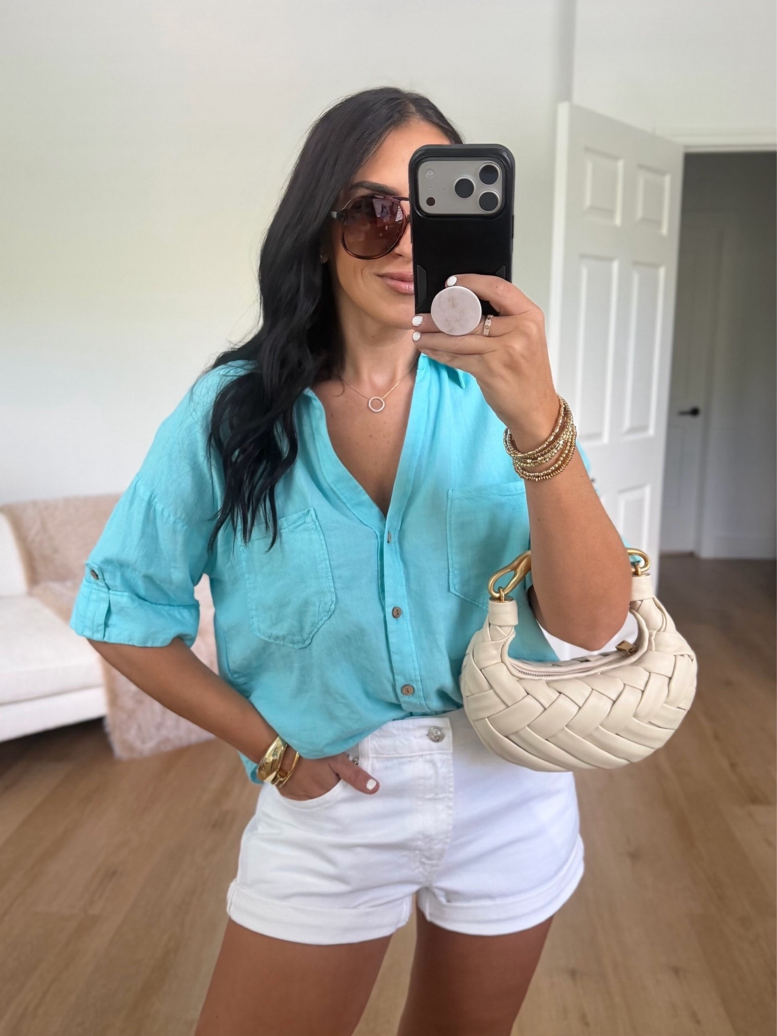 Zara Linen blend short shirt wearing size small. Frame jean shorts wearing size 27