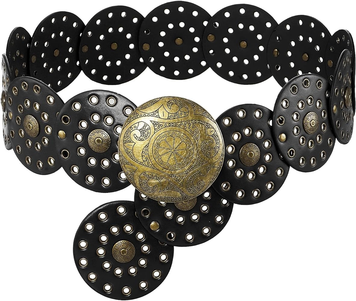 Suyi Wide Disc Belt for Women Leather Hollow Out Round Belts Vintage Western Waist Belt | Amazon (US)