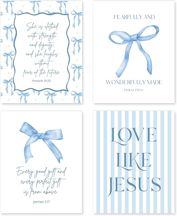 Buildinest Blue Coquette Room Decor of Bow Pictures, 4PCS Bible Verses Wall Decor, Preppy Posters... | Amazon (US)