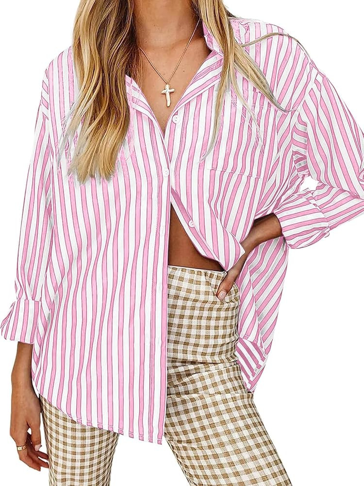 Women's Blouses Striped Long Sleeve Shirts Button Down Loose Fit Casual Tops | Amazon (US)