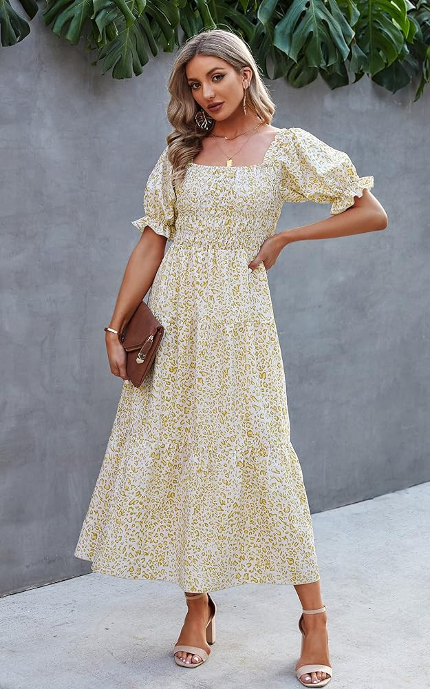 Angashion Women Square Neck Dress Solid Short Puff Sleeve Smocked Waist Knee Length Ruffle Summer Mi | Amazon (US)