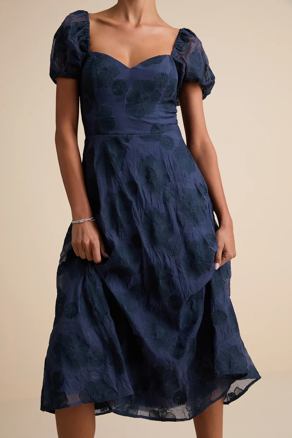 Sweetest Behavior Navy Embroidered Puff Sleeve Midi Dress | Lulus