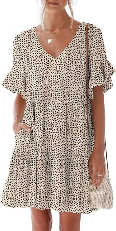 nclook Women's Summer Casual Dress Sweet & Cute V-Neck Mini Dress with Pocket Short Sleevele Ruff... | Amazon (US)