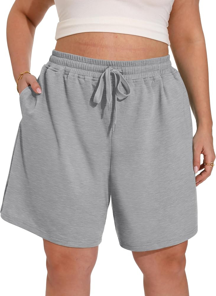 OLRIK Plus Size Bermuda Shorts for Women - 8 Inch Long High Waisted Summer Sweat Shorts Walking A... | Amazon (US)