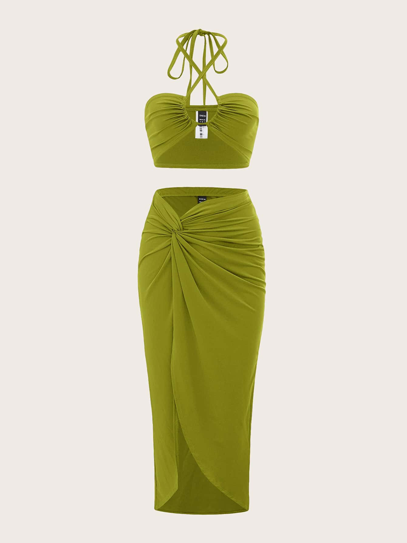 SHEIN ICON Two Piece Tie Back Halter Top & Twist Front Skirt | SHEIN
