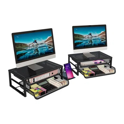 2 Pack 2-Tier Metal Monitor Stand Riser And Computer Desk Organizer With 2 Drawer For Laptop, Computer, Imac, Black | Wayfair North America