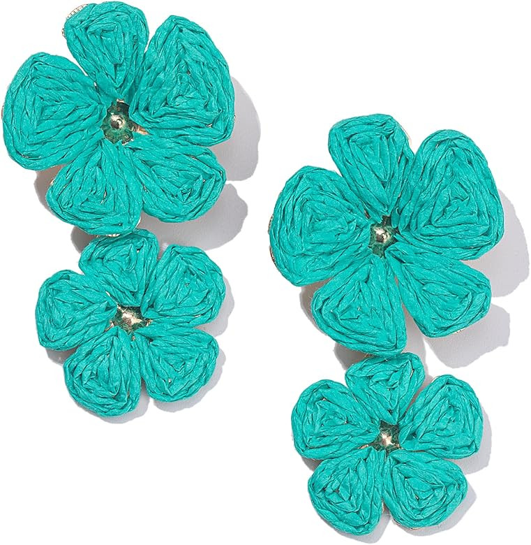 Flower Drop Earrings Floral Raffia Earrings Boho Statement Dangle Earrings Trendy Cute Summer Jew... | Amazon (US)