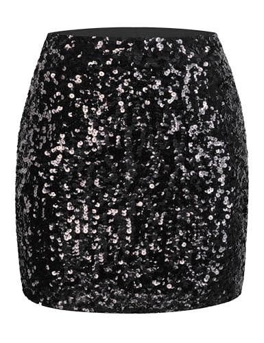 MANER Women's Sequin Skirt Sparkle Stretchy Bodycon Mini Skirts Night Out Party (S/US 4-6, Black) | Amazon (US)