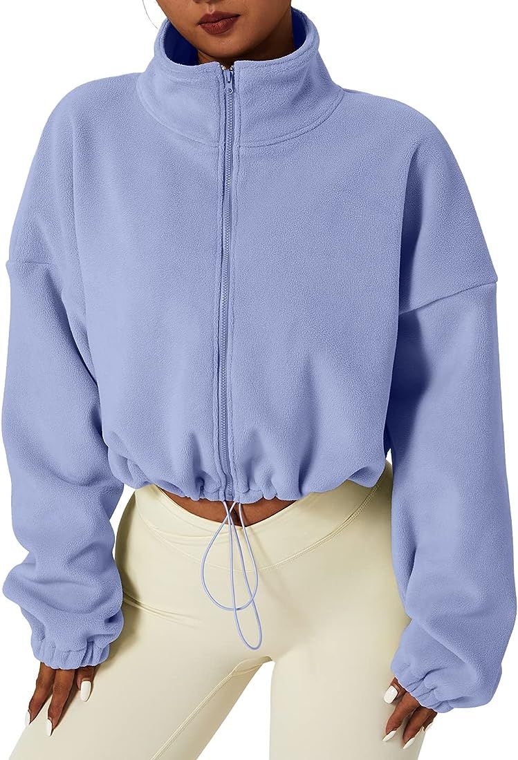 QINSEN Women's Full Zip Fleece Short Jacket Warm Winter Long Sleeve Stand Collar Sherpa Crop Coat | Amazon (US)