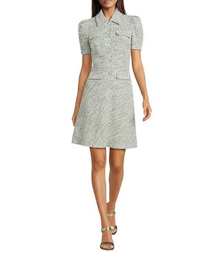 Knit Tweed A-Line Collar Pearl Rhinestone Button Short Dress | Dillard's