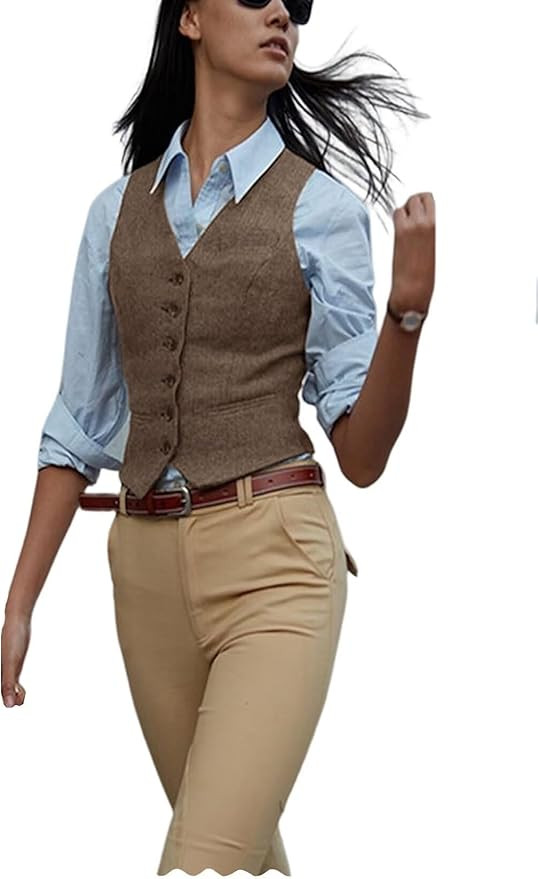 Women's Herringbone Tweed Waistcoat Slim Fit V-Neck Dressy Suit Vest | Amazon (US)