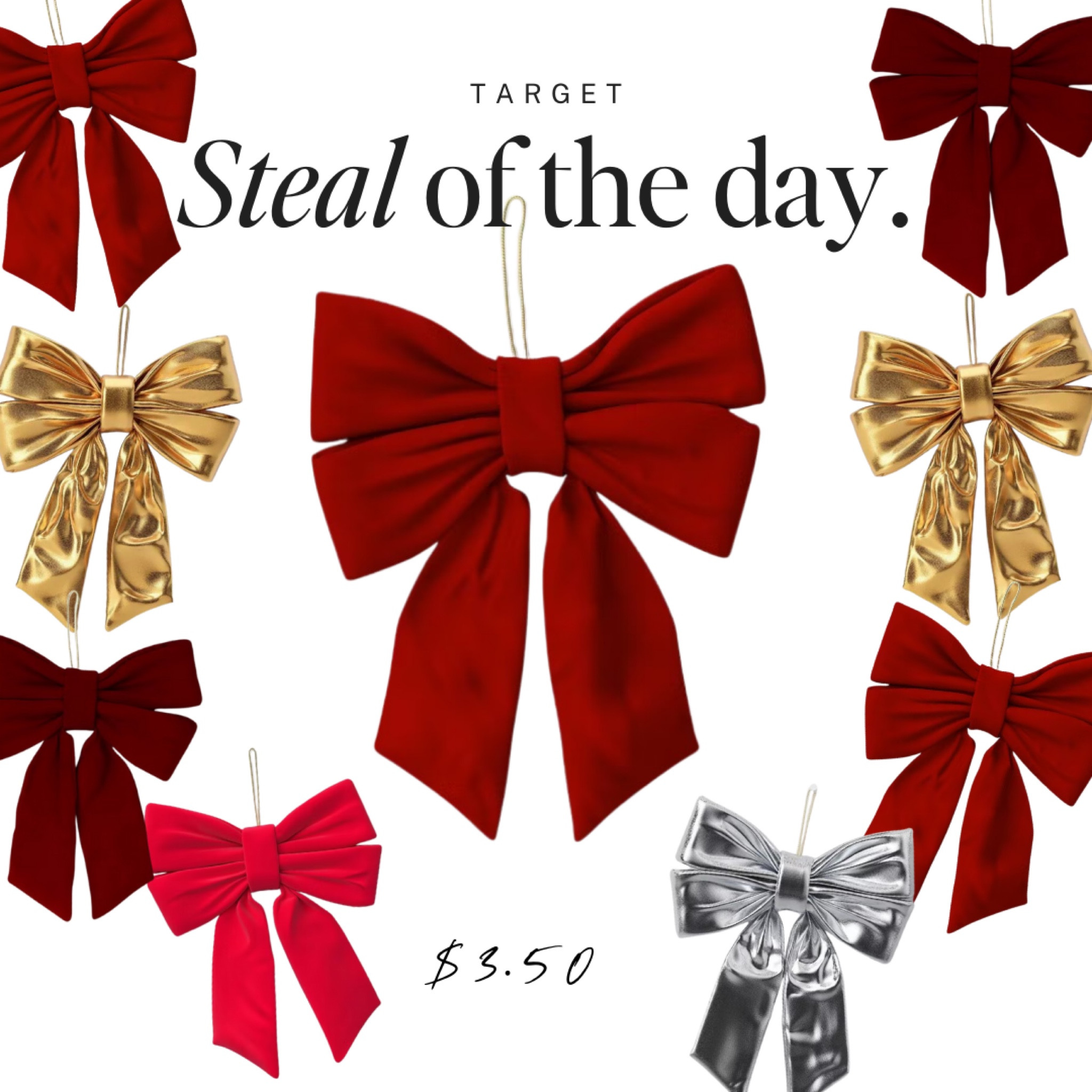 Target Circle deals! Holiday drop. Priced right abd on sale for $3.50 and ready to go viral. 

These "small" bows are actually 12" 

These are only available online!

Select holiday decor at Target is 30% off this week. 

 Target Circle deals, Target  finds, holiday deals, Holiday decor, Christmas decor, holiday entertaining, deals and steals, holiday party, holiday style, grandmillenial decor, nutcracker, Christmas tree decor, holiday home, holiday bows, bow ornaments

#targetfinds #targetholiday #targethomedecor #targetdeal #targetcircle
