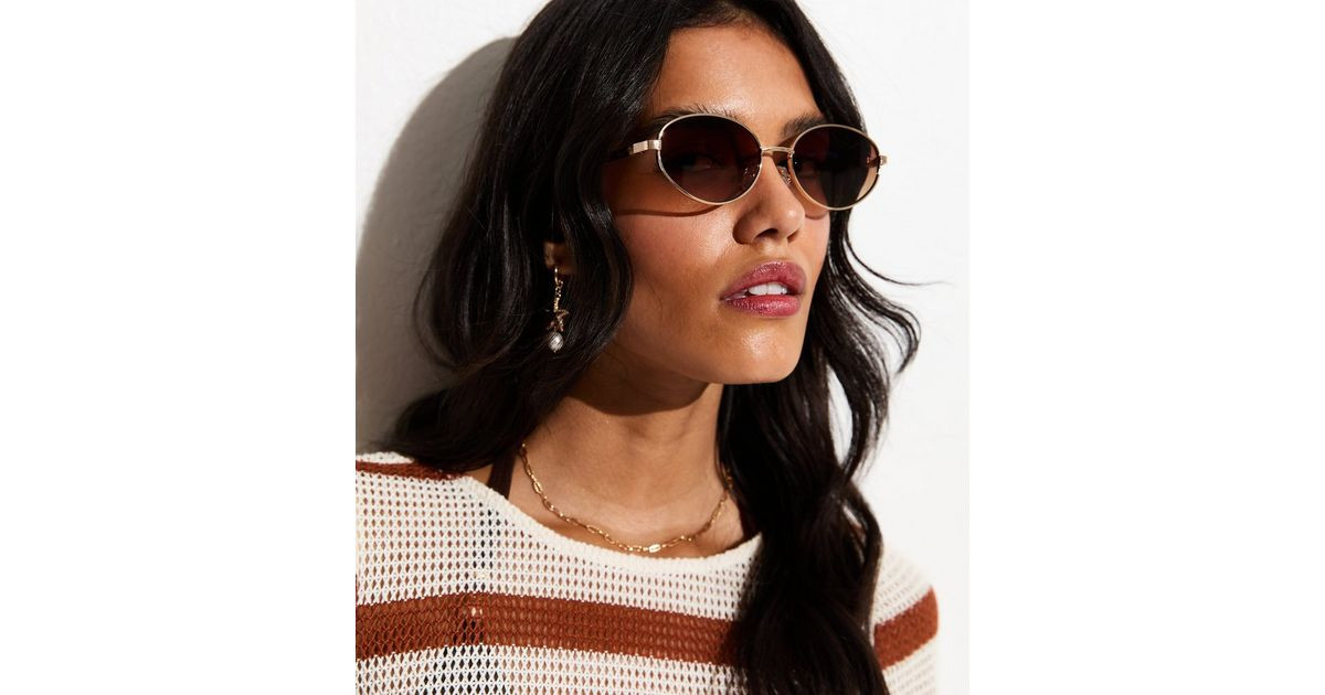 Gold Tone Brown Oval Frame Sunglasses | New Look | New Look (UK)