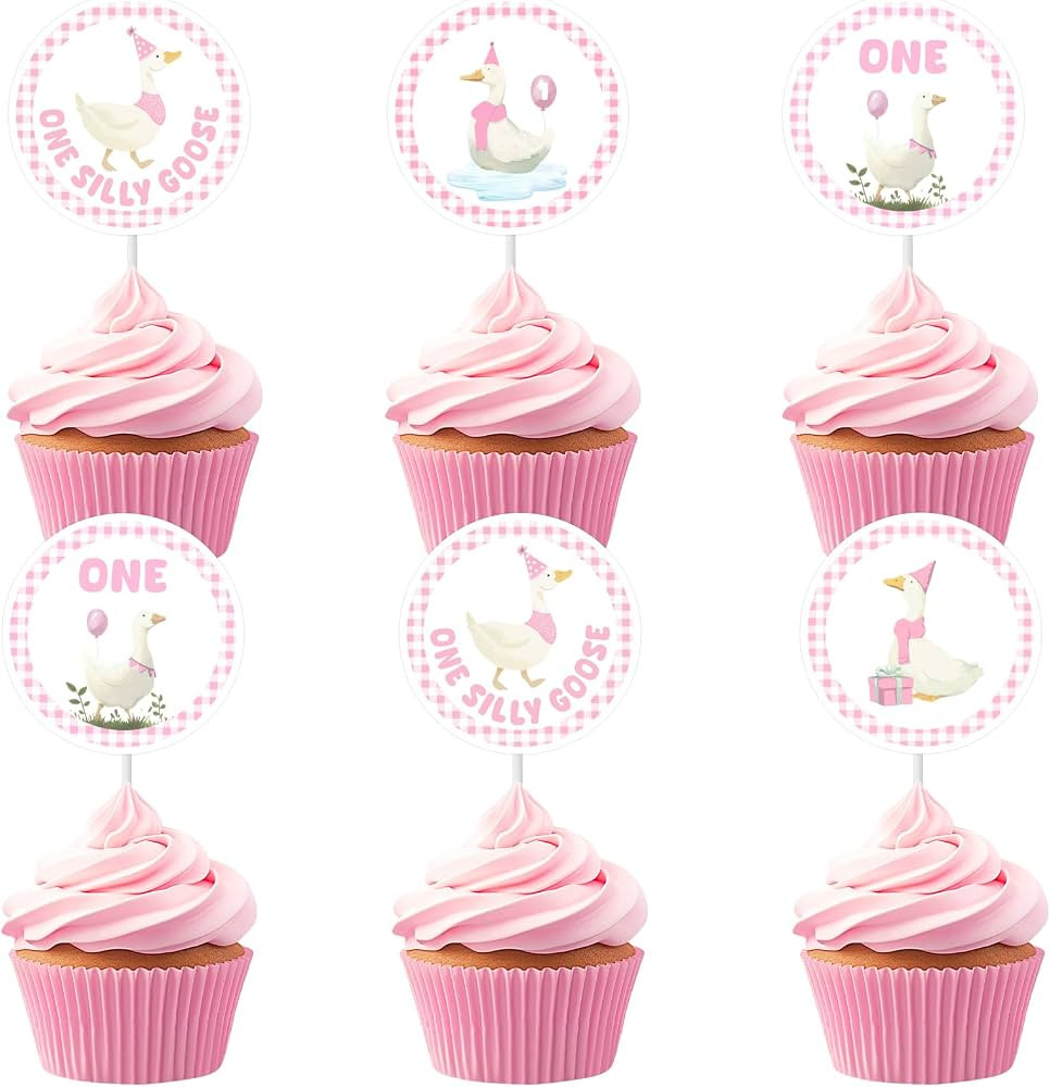 Cheereveal 24Pcs Pink Silly Goose Cupcake Toppers, One Silly Goose Cupcake Picks 1st Birthday Par... | Amazon (US)