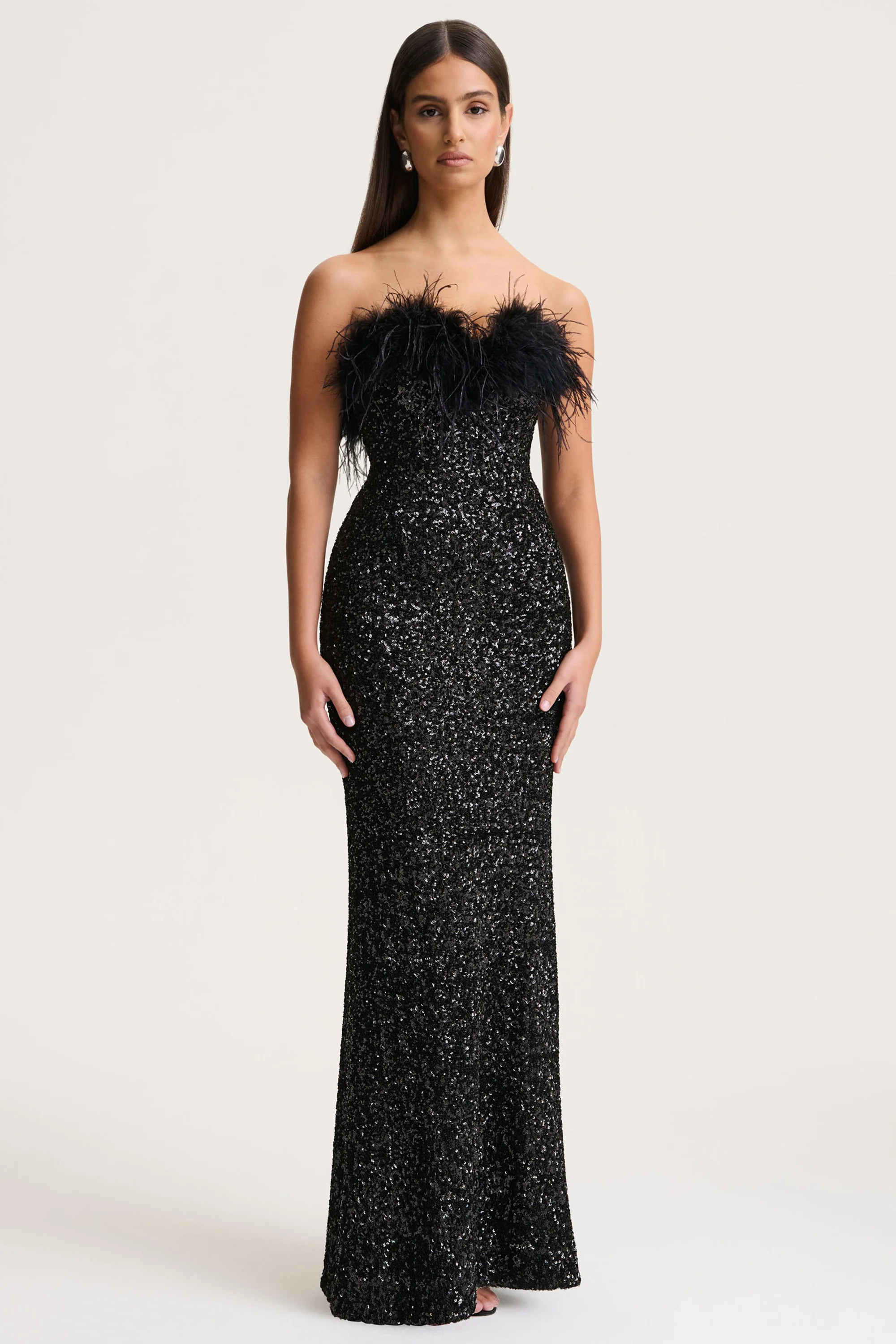 Daze  Black Sequin Bandeau Maxi Dress With Feather-Trim | Club L London