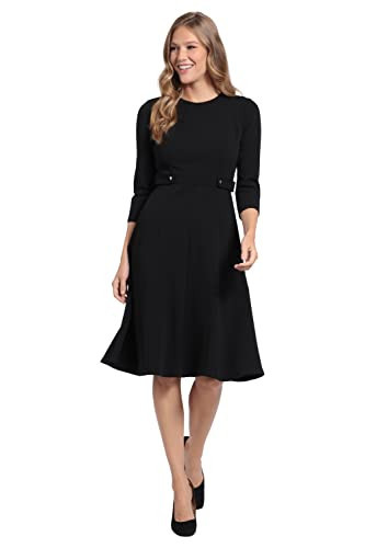 London Times Women's Dresses Crepe Fit and Flare Midi with Waist Button Detail Black | Amazon (US)