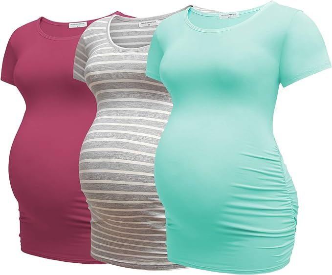 Bearsland Womens Maternity Tshirt 3 Packs Classic Side Ruched Tee Top Mama Pregnancy Clothes | Amazon (US)