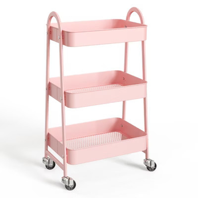 Gulches 3 Tier Pink Rolling Cart, Metal Utility Storage Organizer Locking Wheels, Compact Trolley for Kitchen, Bathroom | Target