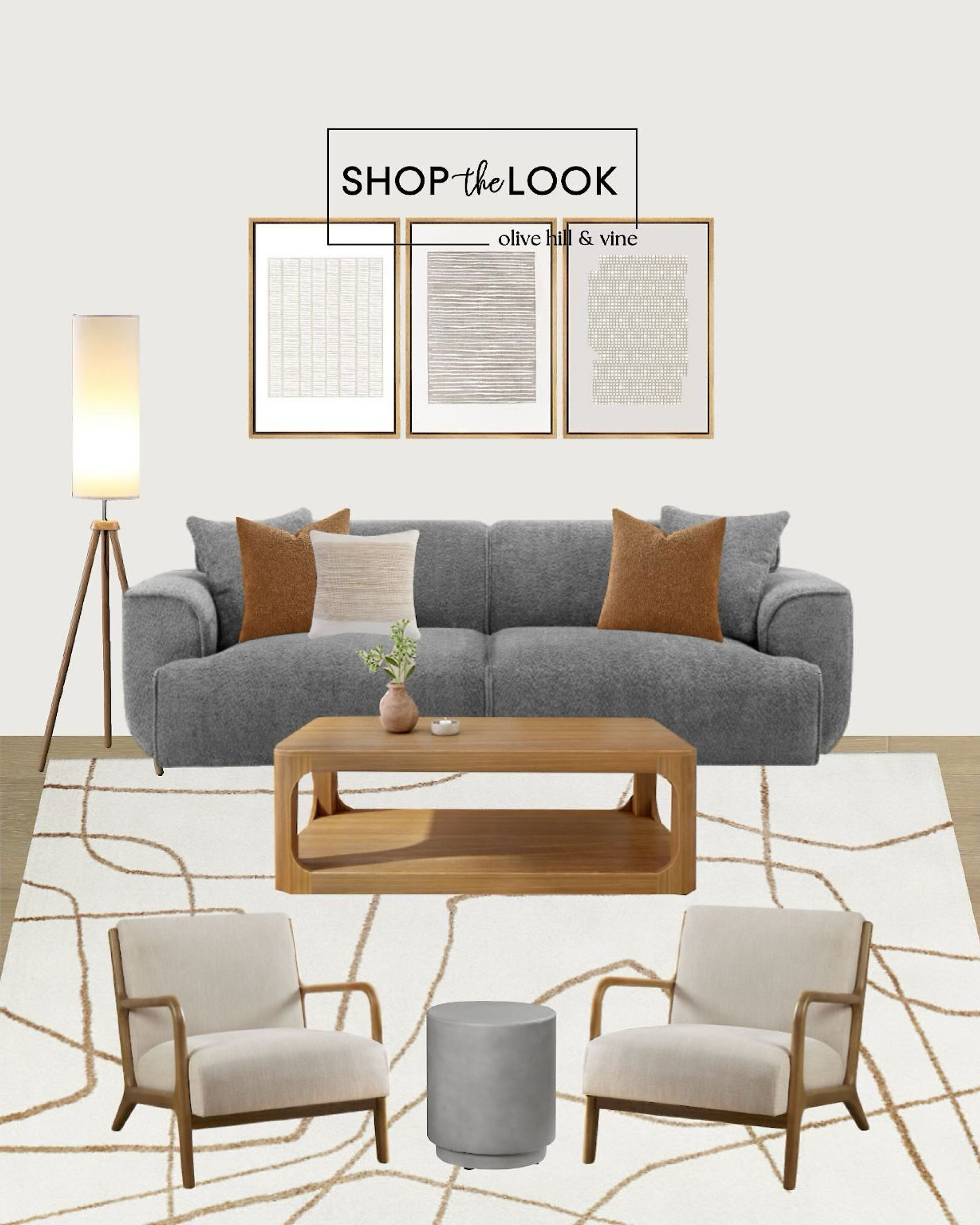 We’re loving this modern living room vibe—grey, ivory, and rust tones with a cozy boucle sofa, concrete side table, and wood coffee table with soft, rounded edges. Mid-century armchairs, textured pillows, an abstract rug, and minimalist art complete the look! 

#LTKStyleTip #LTKHome #LTKFamily