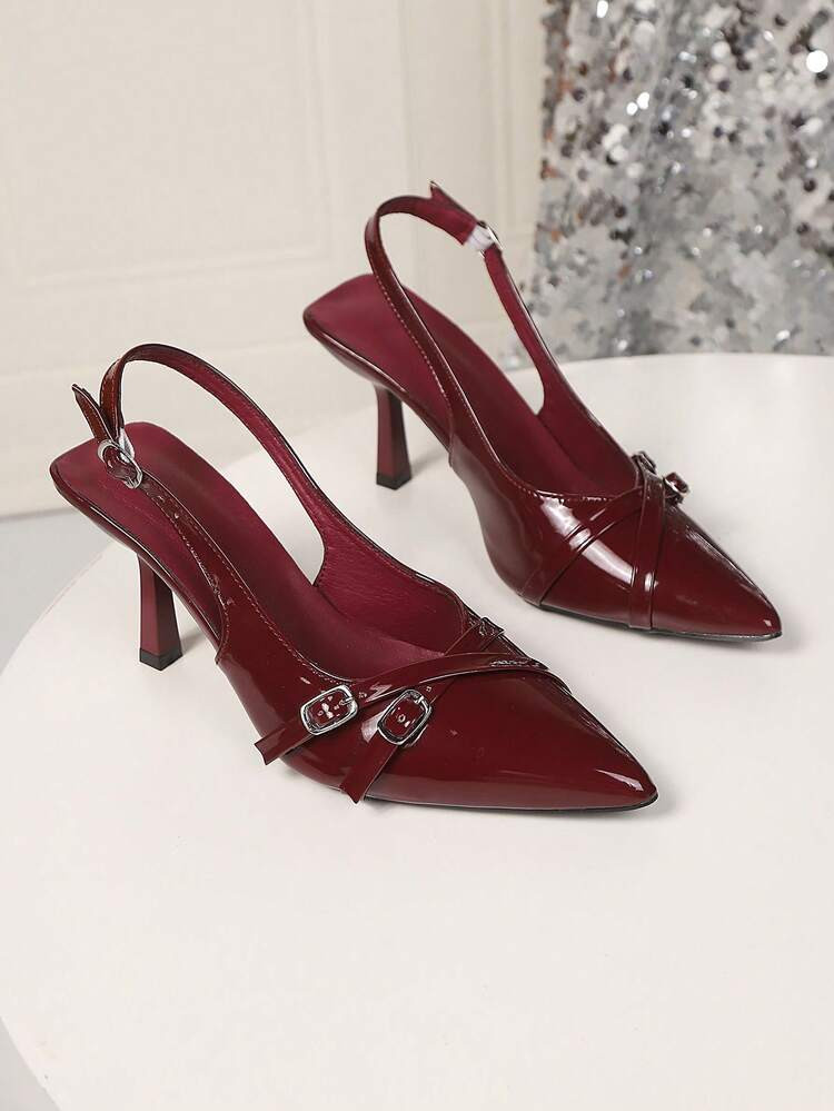 Women Fashion Pointed Toe High Heels Stilettos, Sexy Casual Party Shoes, Work Pumps, Closed Toe Slingback Sandals - Red/Burgundy,2025 New Spring/Summer Korean Style Pointed Toe Thin High Heel Shoes, Glossy Strap Closed Toe Sandals With Buckle, Suitable For Dresses And Party Occasions | SHEIN