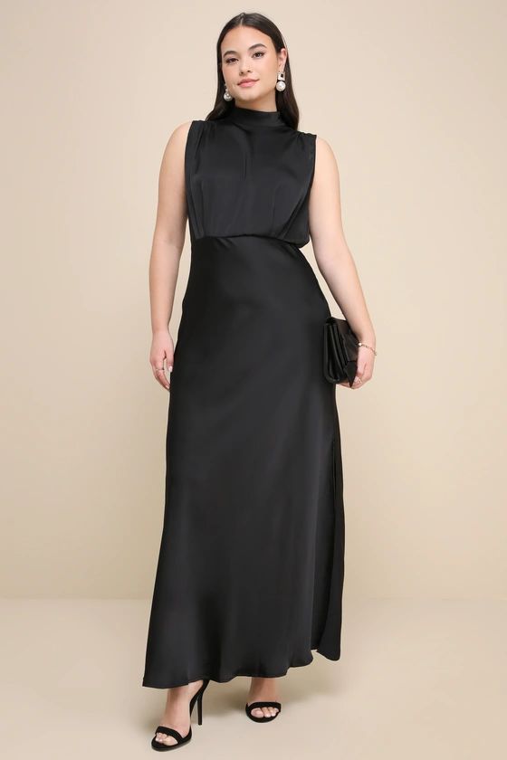 Classic Elegance Black Satin Sleeveless Mock Neck Maxi Dress | Lulus