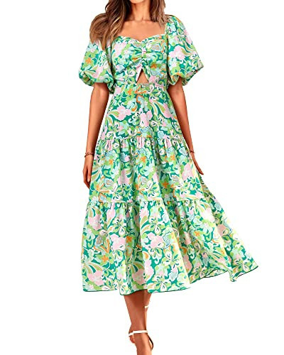 BTFBM Summer Dresses for Women 2026 Spring Outfits Beach Vacation Short Sleeve Smocked Boho Casual Floral Maxi Dress(Print Green, Medium) | Amazon (US)