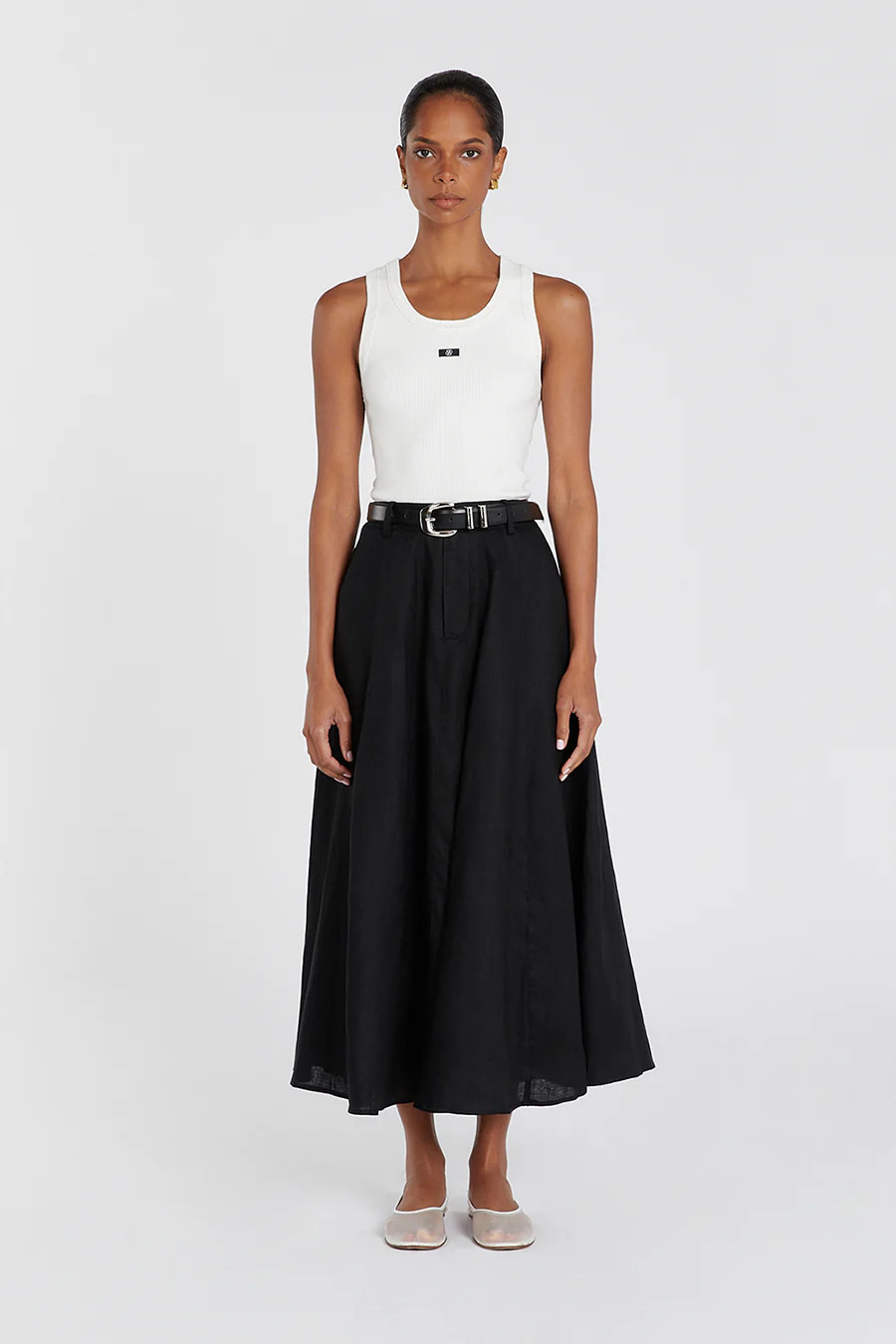 SOFIA BLACK LINEN MIDI SKIRT | DISSH