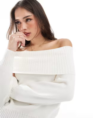 Stradivarius off the shoulder knitted top in ecru | ASOS (Global)