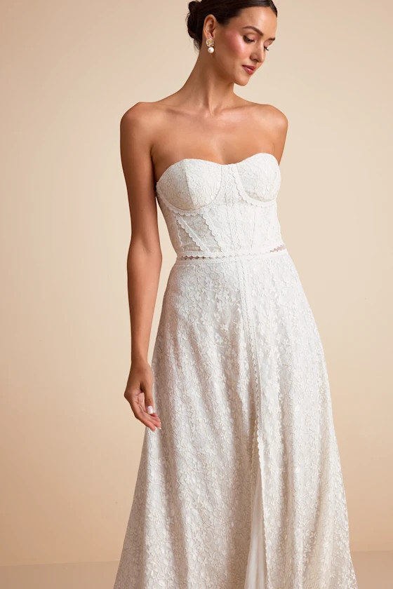 Eldoria White Lace Strapless Bustier Maxi Dress | Lulus