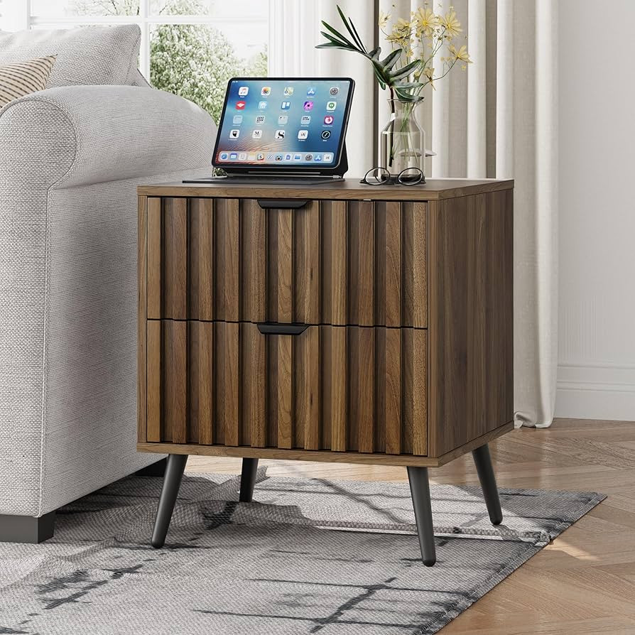 Smuxee Walnut Wooden Night Stand, Mid Century Nightstand with 2 Fluted Drawers, Bedside Table wit... | Amazon (US)