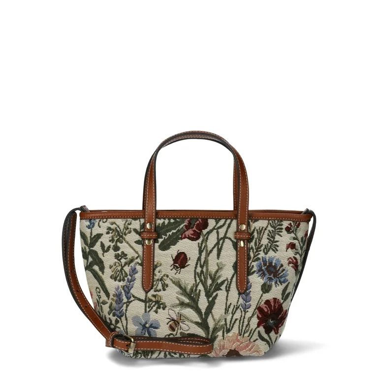 Time and Tru Women's Floral Vine Mini Tote Crossbody, Brown | Walmart (US)