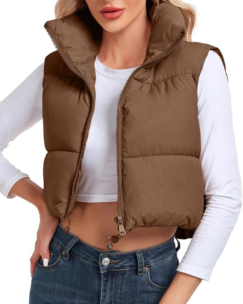Women's Cropped Puffer Vest Sleeveless High Stand Collar Crop Outerwear Zip Up Warm Padded Gilet | Amazon (US)