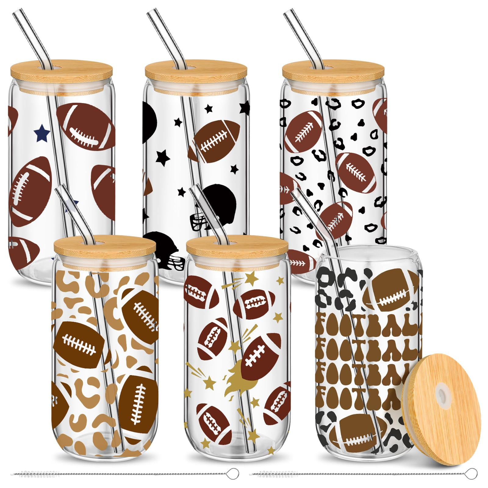 Vesici 6 Pack Sports Party Favors Glass Cups 16 oz with Lid and Straw Ice Coffee Mug Drinking Jar... | Amazon (US)