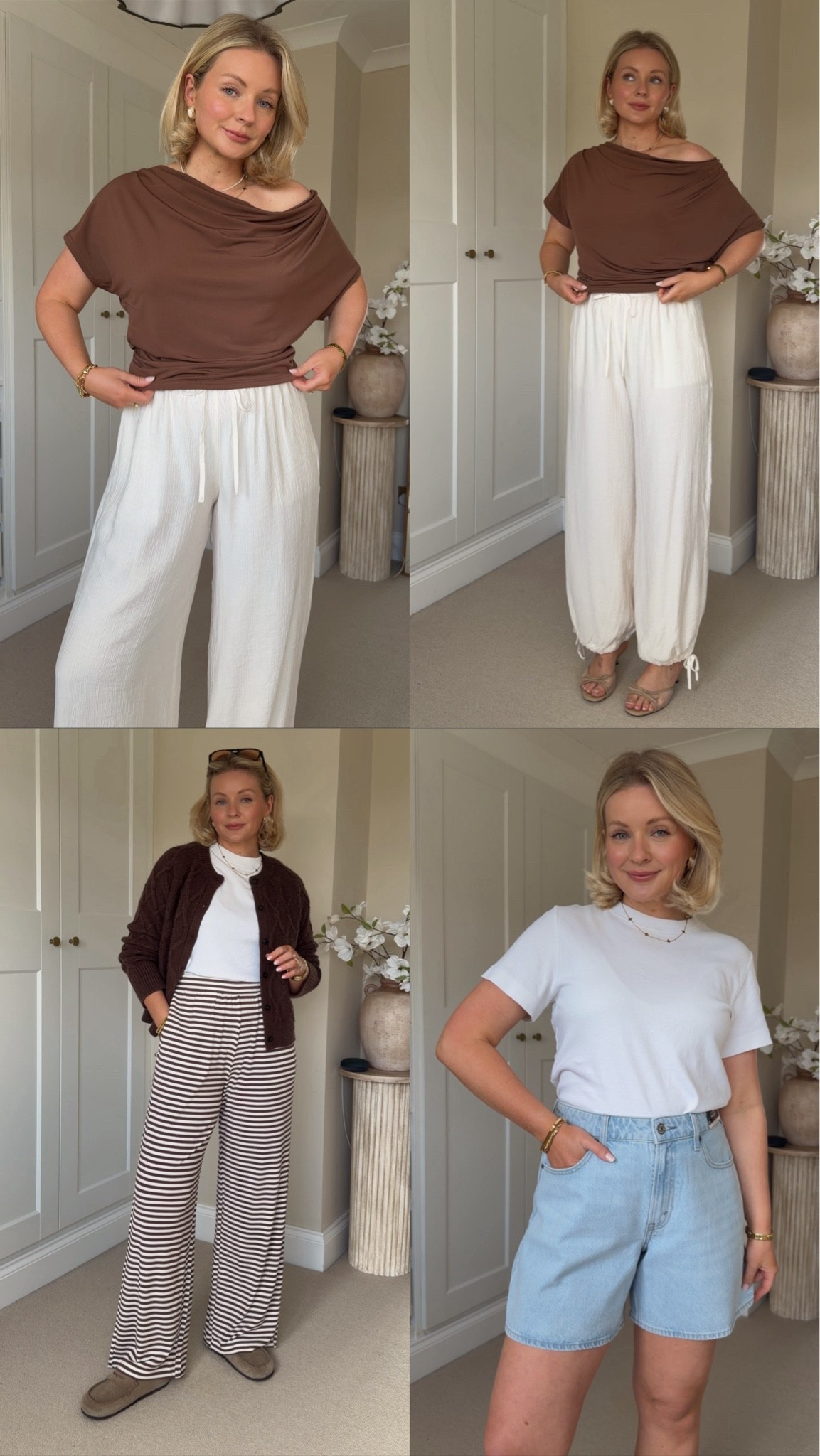 Recent @abercrombie favourites - spring/summer outfit inspo. 

DISCOUNT CODE: AFLAURA 

I’m a uk size 10 and 5’4
Brown asymmetric top - size S 
Cream crinkle trousers - size S
Brown stripe trousers - size S
Denim shorts - w28 curve love 
Cardigan - size S