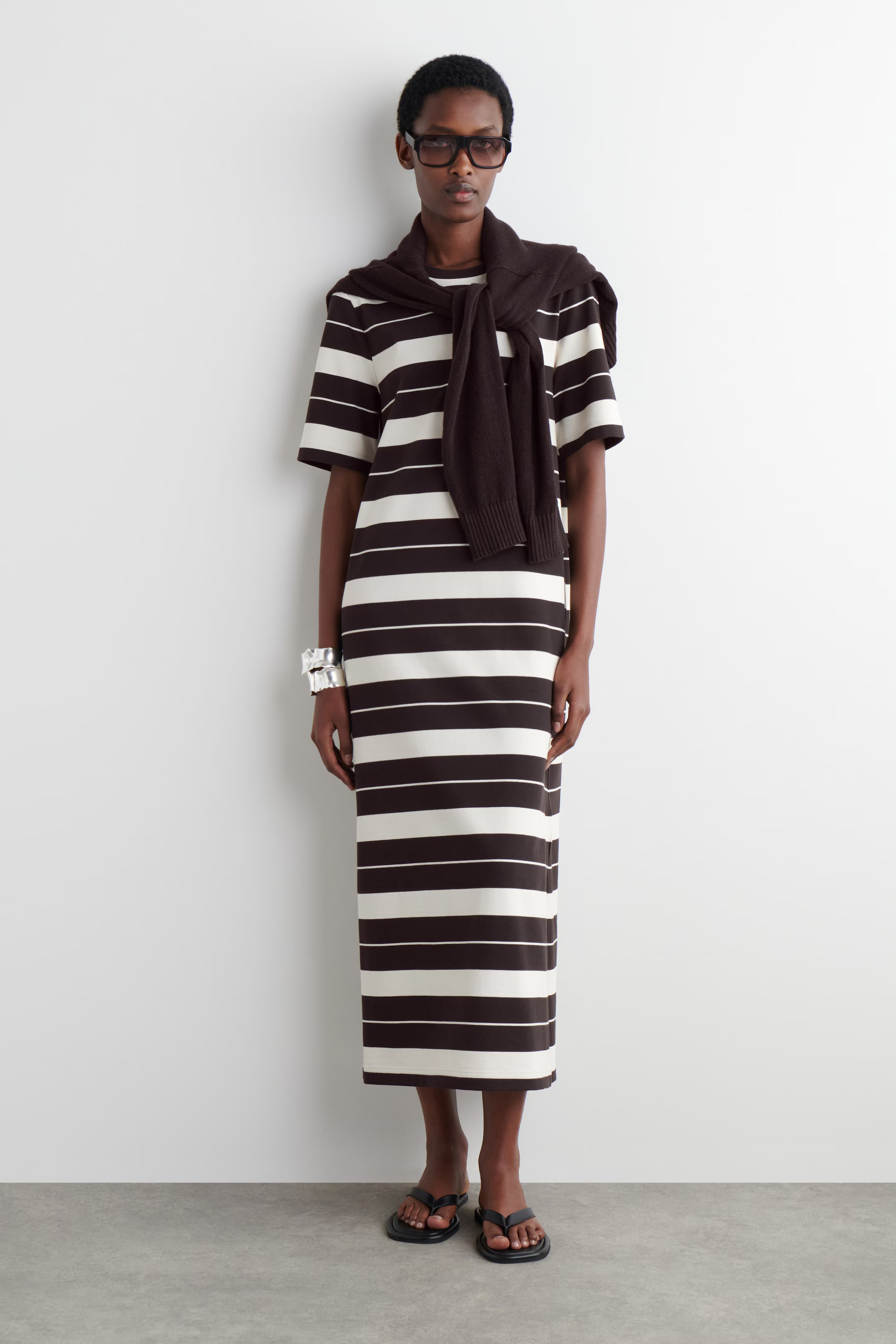 COTTON MIDI T-SHIRT DRESS - BROWN / WHITE / STRIPED | COS UK