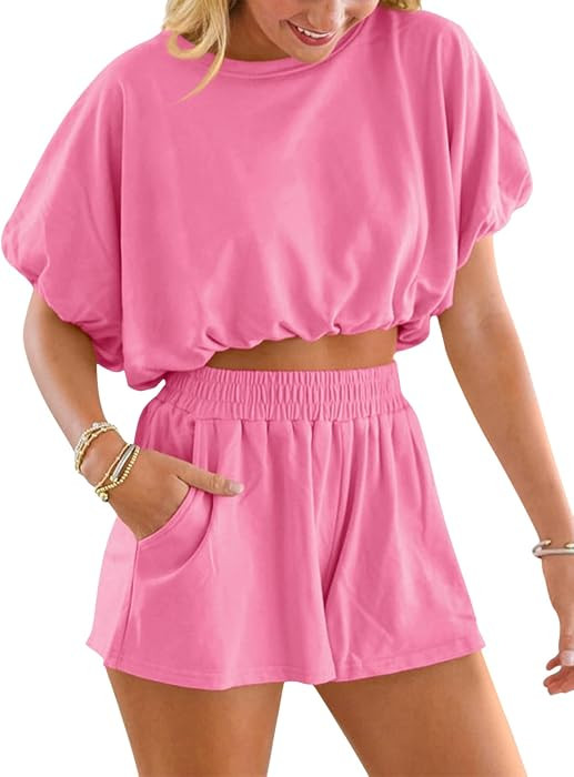 Womens 2 Piece Shorts Sets Summer Bubble Crop Tops Casual Loose Lounge Set 2026 Travel Outfits | Amazon (US)
