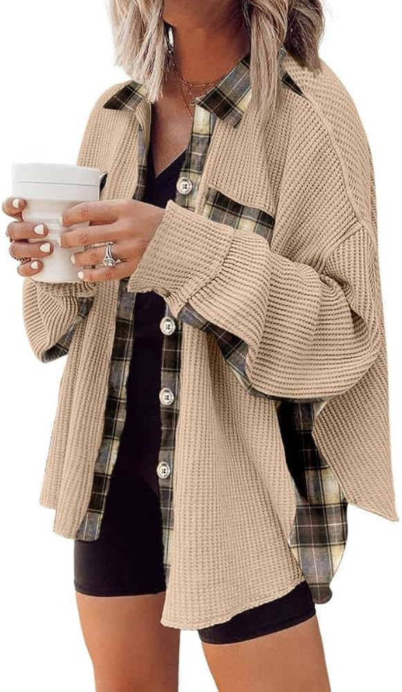 SHEWIN Womens Waffle Knit Plaid Shacket Boyfriend Button Down Shirt Jacket Loose Long Sleeve Tops | Amazon (US)