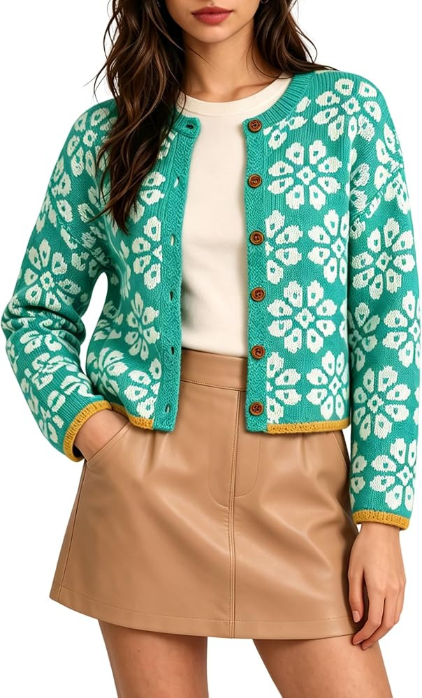 Springrain Womens Floral Cropped Cardigan Button Knit Sweater | Amazon (US)