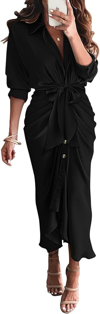 BTFBM Summer Dresses for Women 2025 Long Sleeve Lapel V Neck Button Down Elegant Belted Ruched Sa... | Amazon (US)