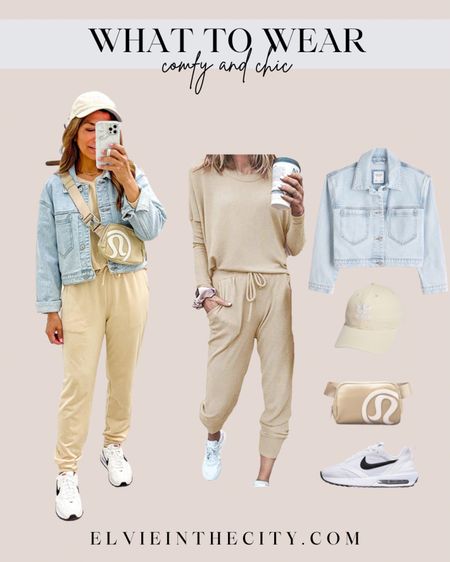 What to wear - comfy and chic. 

Denim jacket - matching lounge set - neutral style - baseball hat - belt bag - lululemon - Nike sneakers - athleisure 

#LTKunder100 #LTKstyletip #LTKunder50