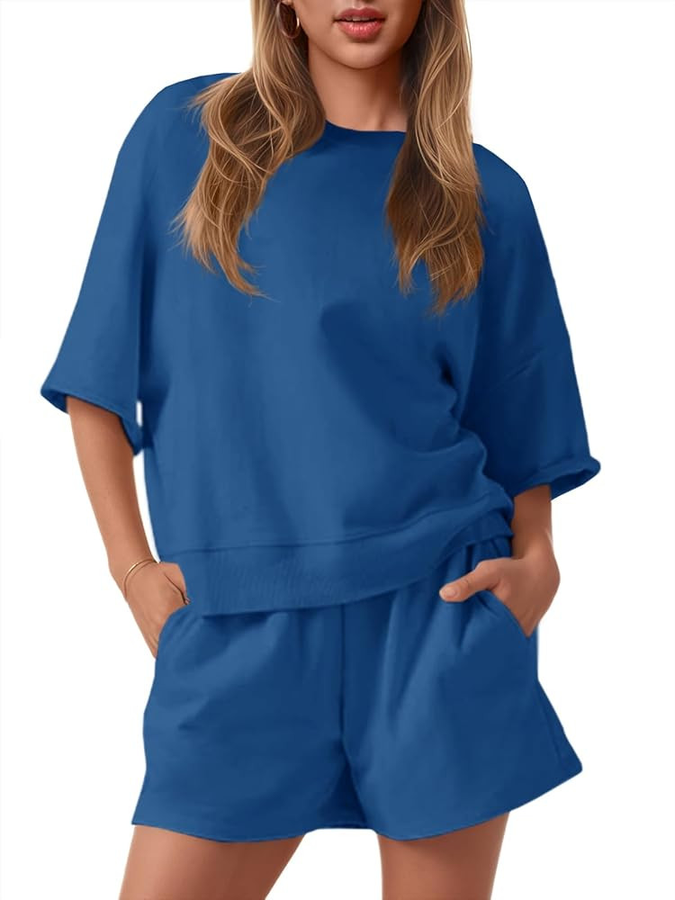 Fisoew Womens 2 Piece Outfits Casual Oversized Cropped Sweatshirt and High Waist Running Shorts T... | Amazon (US)