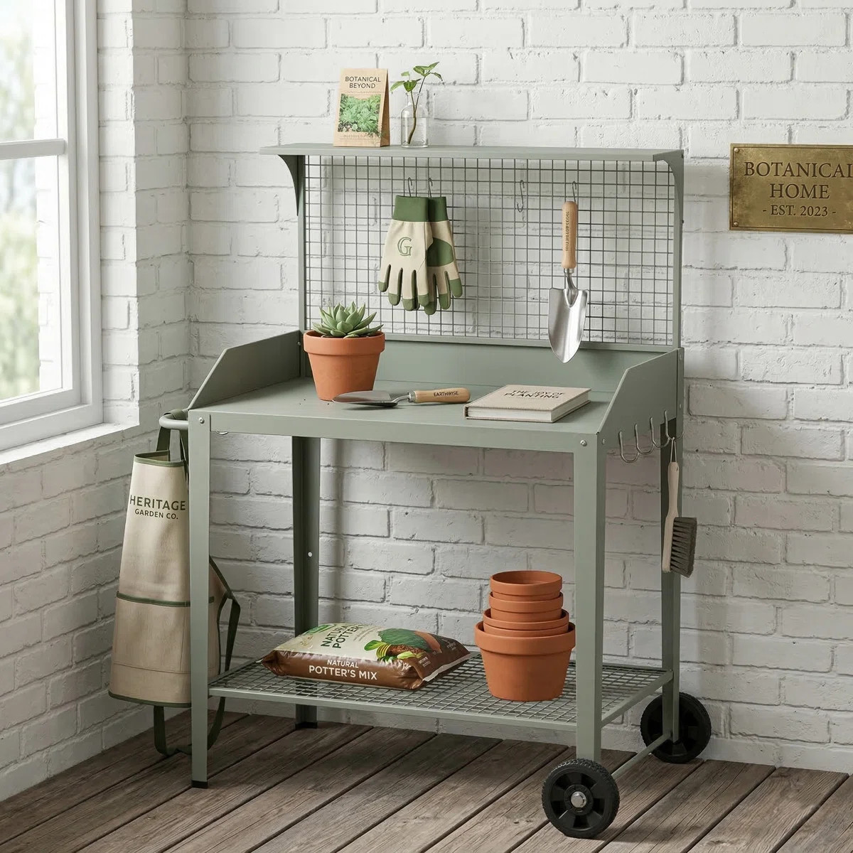 Outdoor Metal Potting Bench with Wheels and Storage Shelf | Wayfair North America