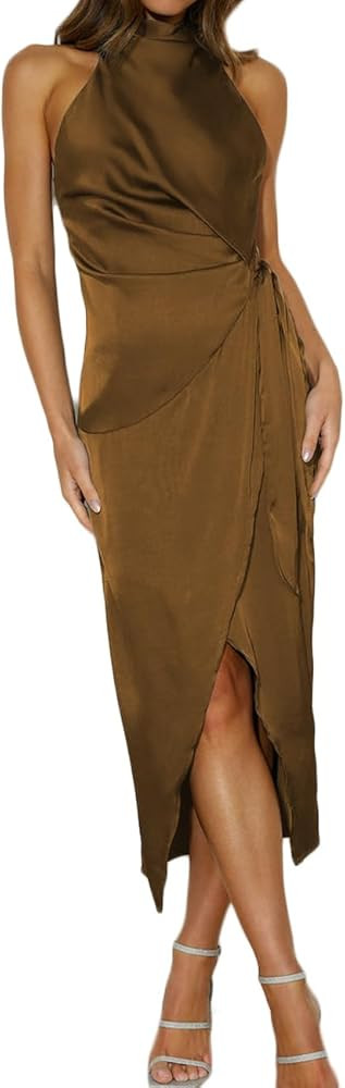 Halfisland Women’s Summer Satin High Neck Sleeveless Wrap Dress Elegant Mock Neck Tie Waist Coc... | Amazon (US)