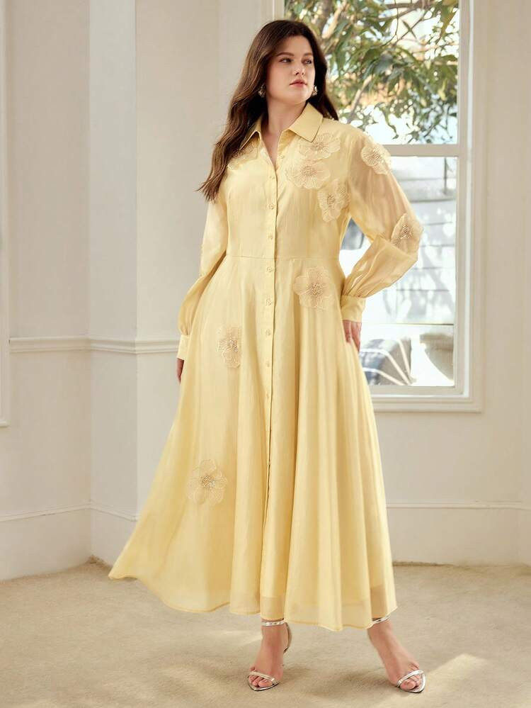 MOTF PREMIUM PLUS SIZE WOMEN'S LONG SLEEVE 3D FLORAL SHIRT DRESS, SPRING/SUMMER | SHEIN