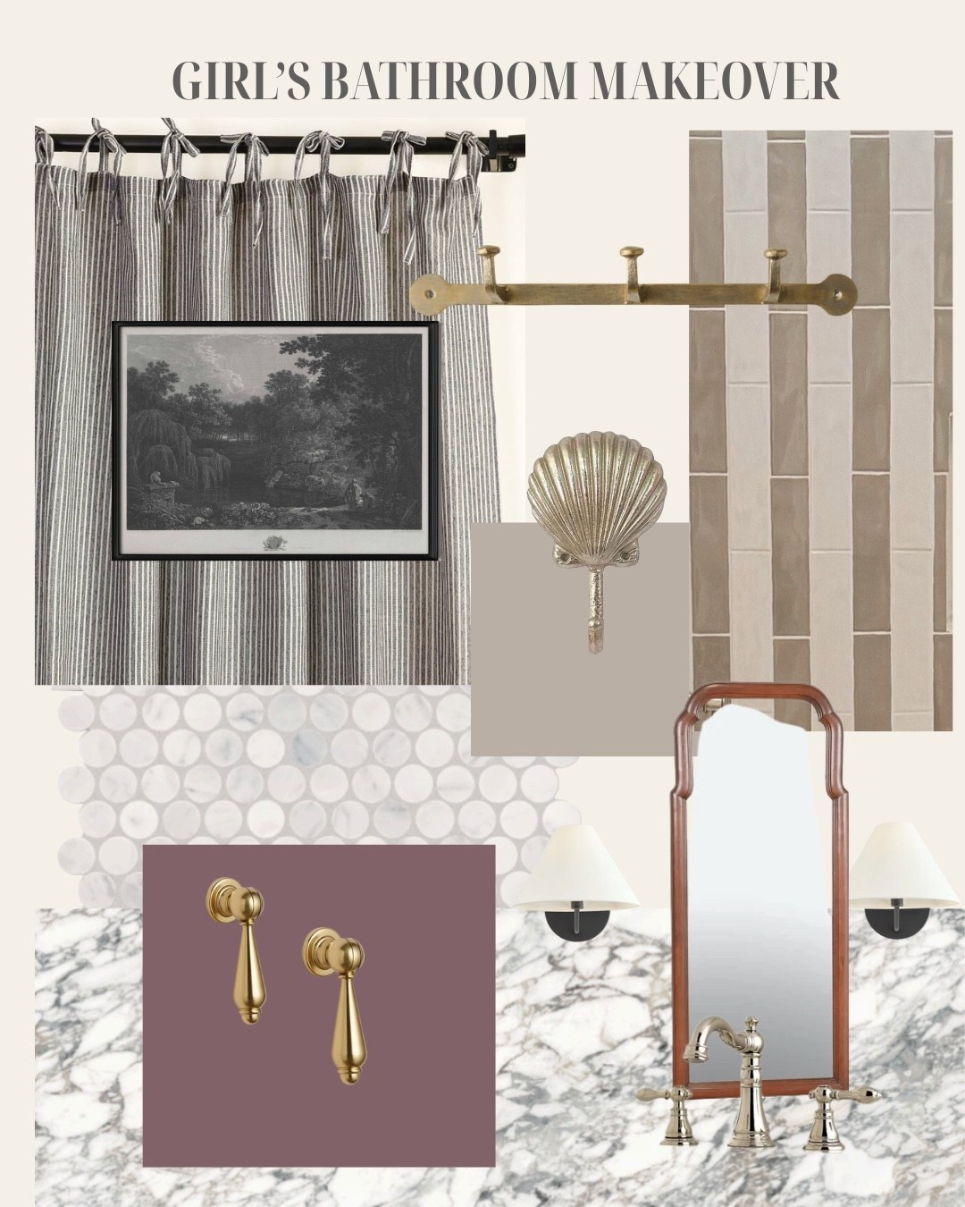 Time for a new room makeover! I'm so excited about this one...I'll be redoing my girls' bathroom! This room is pretty dated and I'm so excited to make it match along with the rest of the house. The girls are excited and so am I! 

We're going a bit neutral, but with lots of character. I want this bathroom to last the girls a long time and I think with this color palette, it totally will! I love this moody landscape sketch alongside these striped curtains! The mirror I'll be putting up in here adds that vintage touch I always like to have in my spaces.

Okay also how DREAMY is that striped shower tile?! I'll be creating that pattern using Almond & White tile from Daltile. I'm SO EXCITED to install that along with the circular floor tile. It's going to be perfect!

#LTKStyleTip #LTKKids #LTKHome