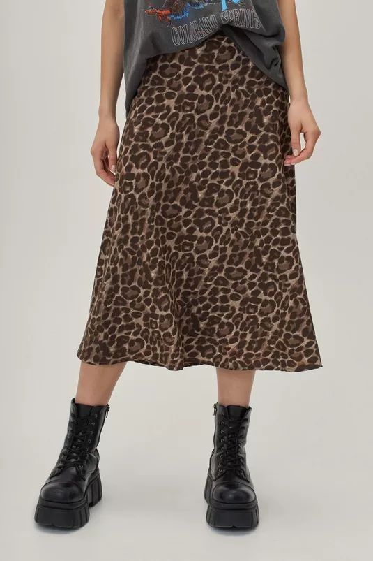 Leopard Print Satin Slip Midi Skirt | Nasty Gal (US)