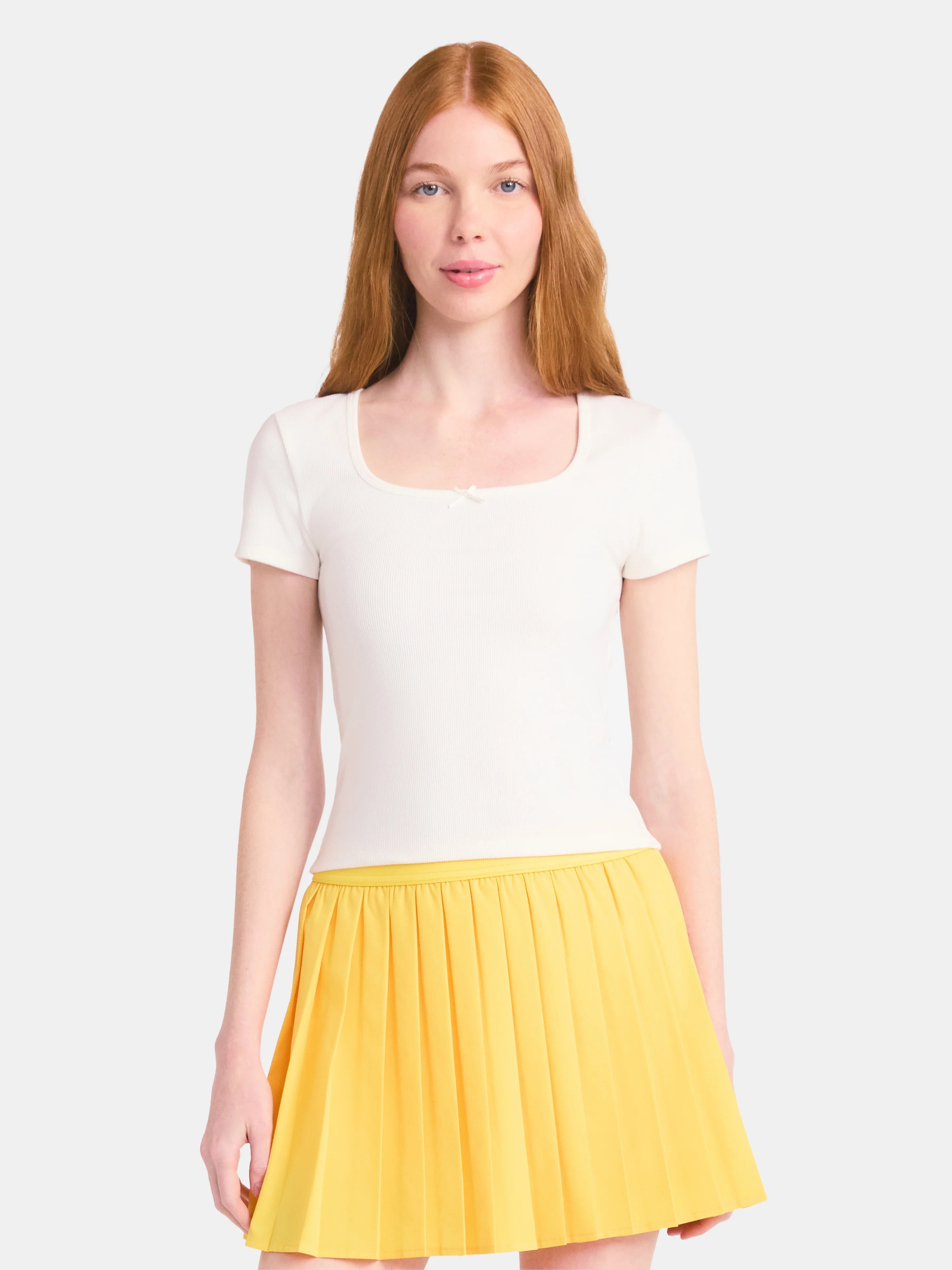 No Boundaries Square Neck Tee with Satin Bow, Women's | Walmart (US)